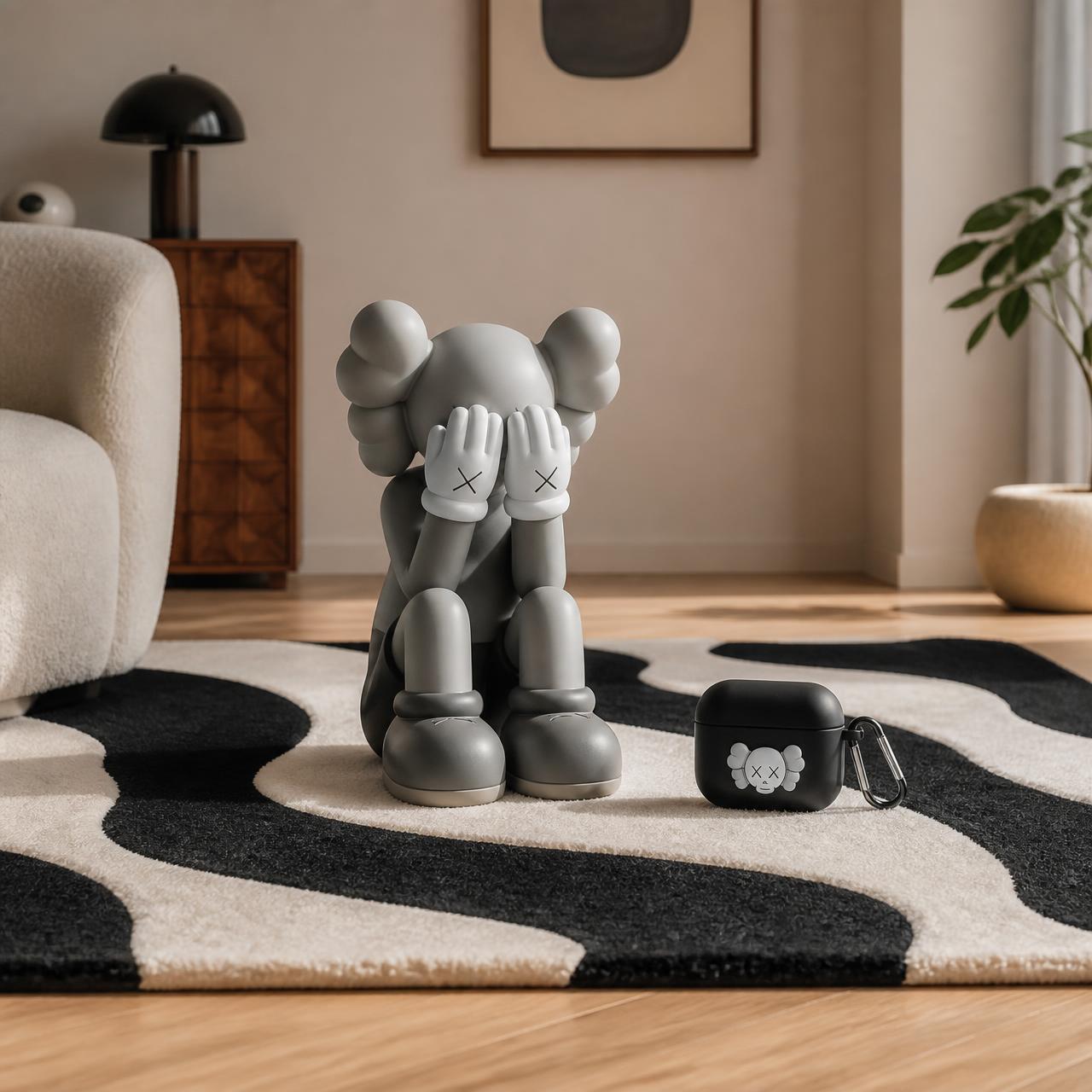 Unicora lifestyle: designer rug, collectible companion figure and AirPods case in a warm minimalist interior